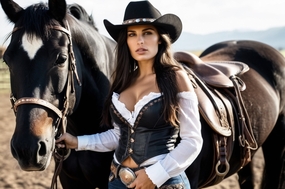 牵着黑色骏马的性感美女图片